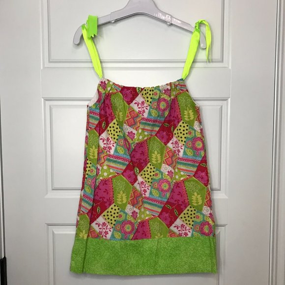 Handmade Patchwork Print Pillow Case Dress Adjustable Ribbon Straps Girls Size 4 - Picture 3 of 9